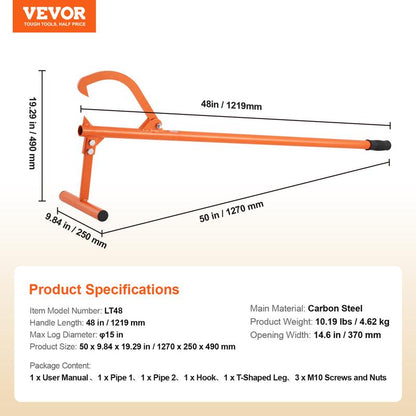 46.5-Inch Carbon Steel Log Lifter - Heavy-Duty Forestry Tool for Log Handling with Adjustable Hook and Rubber Grip