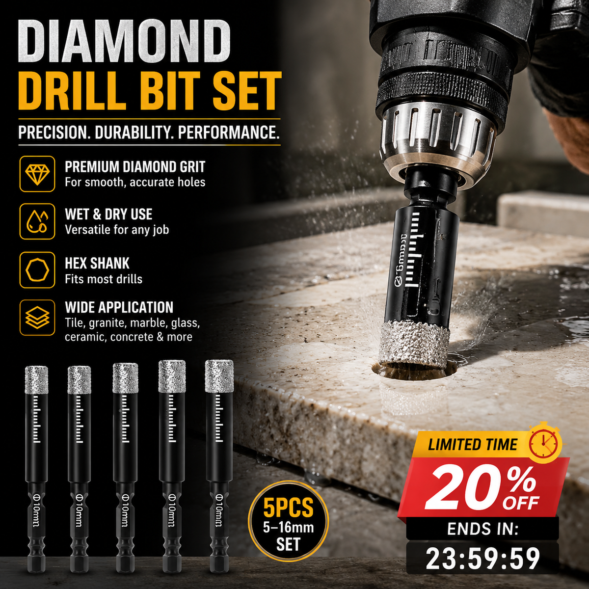 Diamond Drill Bits Set 516mm sizes, hex shank fits most drills. Dry or wet use smooth, precise holes every time