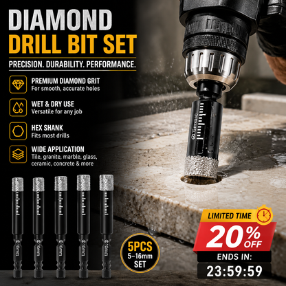 Diamond Drill Bits Set 516mm sizes, hex shank fits most drills. Dry or wet use smooth, precise holes every time