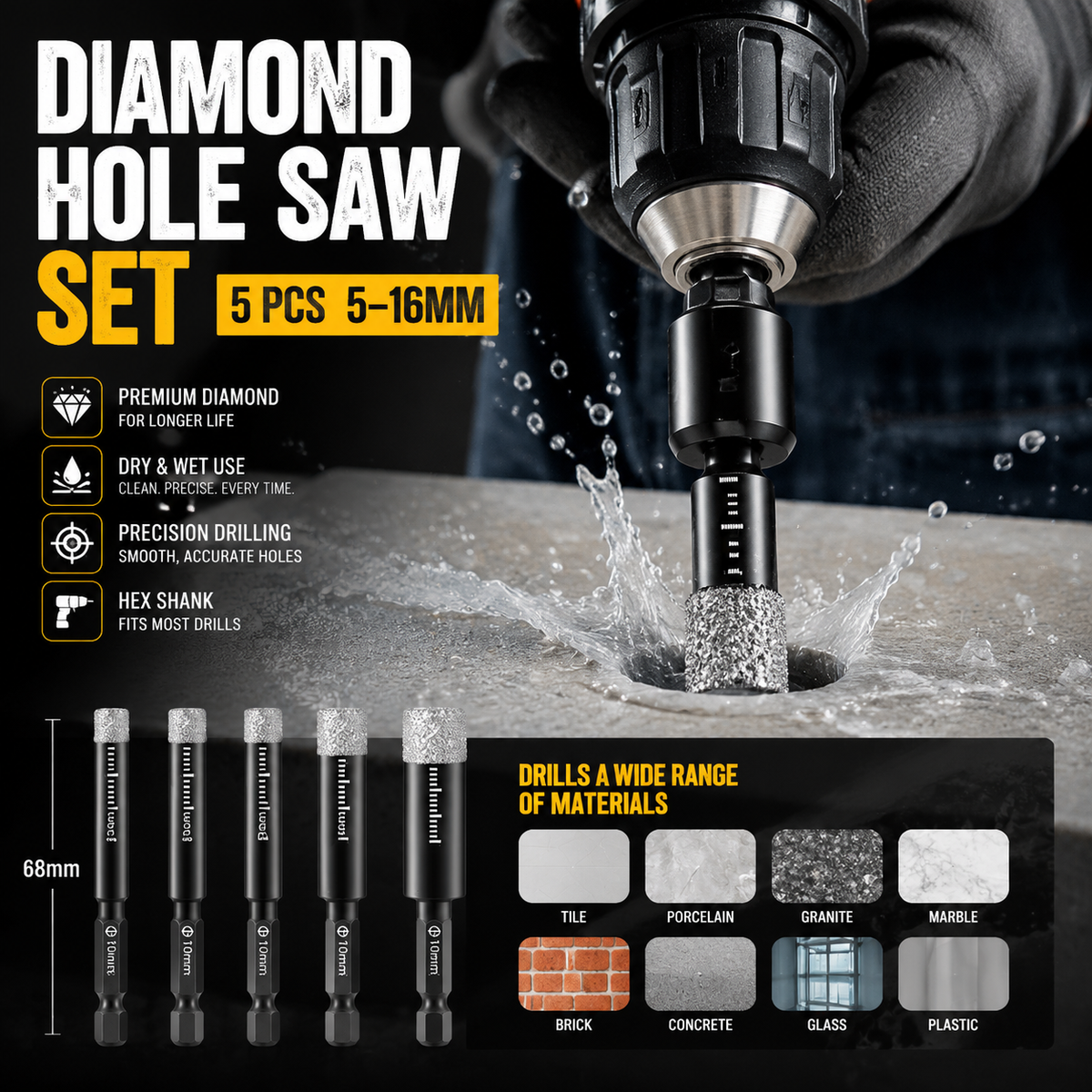 Diamond Drill Bits Set 516mm sizes, hex shank fits most drills. Dry or wet use smooth, precise holes every time