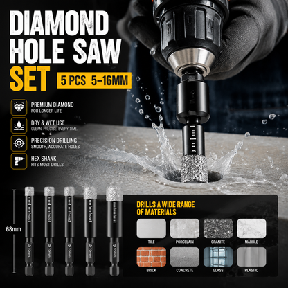 Diamond Drill Bits Set 516mm sizes, hex shank fits most drills. Dry or wet use smooth, precise holes every time