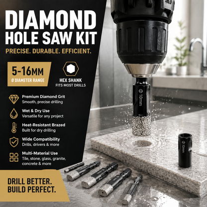 Diamond Drill Bits Set 516mm sizes, hex shank fits most drills. Dry or wet use smooth, precise holes every time