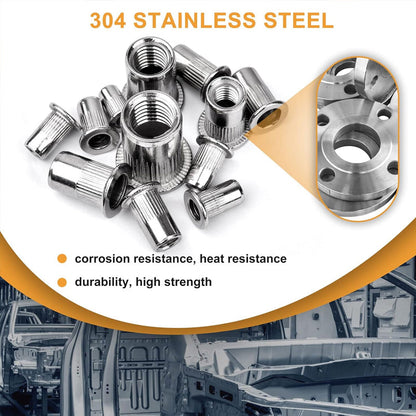 Flat Head Threaded Insert Nut Rivet Nuts Set Multi-Size, Corrosion Resistant, Easy Install