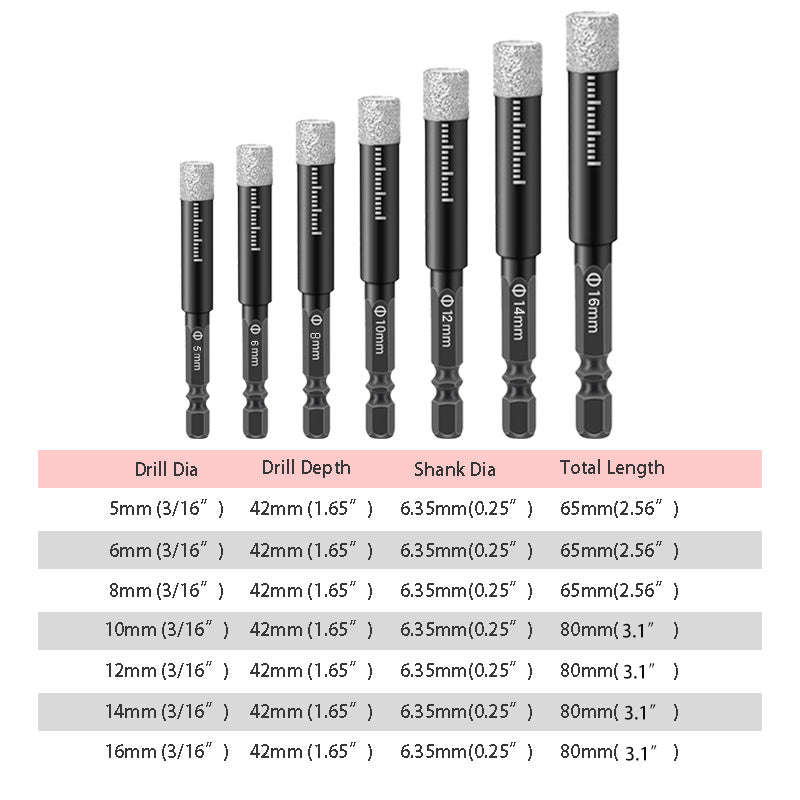 Diamond Drill Bits Set 516mm sizes, hex shank fits most drills. Dry or wet use smooth, precise holes every time