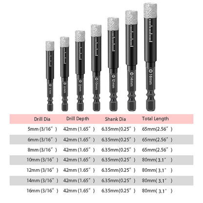 Diamond Drill Bits Set 516mm sizes, hex shank fits most drills. Dry or wet use smooth, precise holes every time