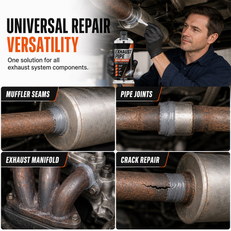 High Temp Exhaust Pipe Repair Glue for iron and steel, withstands extreme heat and vibration. on costly garage repairs