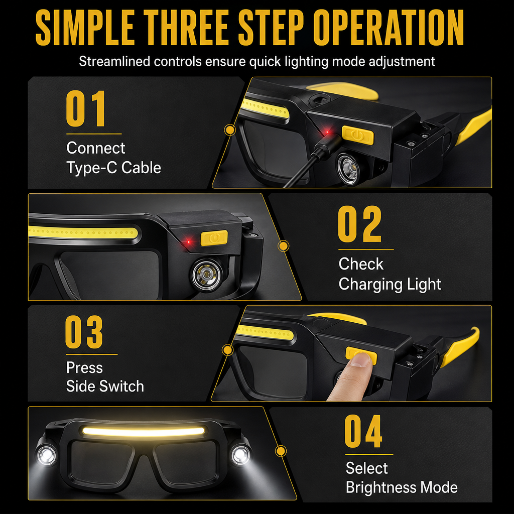 Dual Beam Rechargeable Glasses Light Hands Clip-On LED Eyewear Lamp, Type-C Charging Head Light for Hiking, Repairing and Night Reading